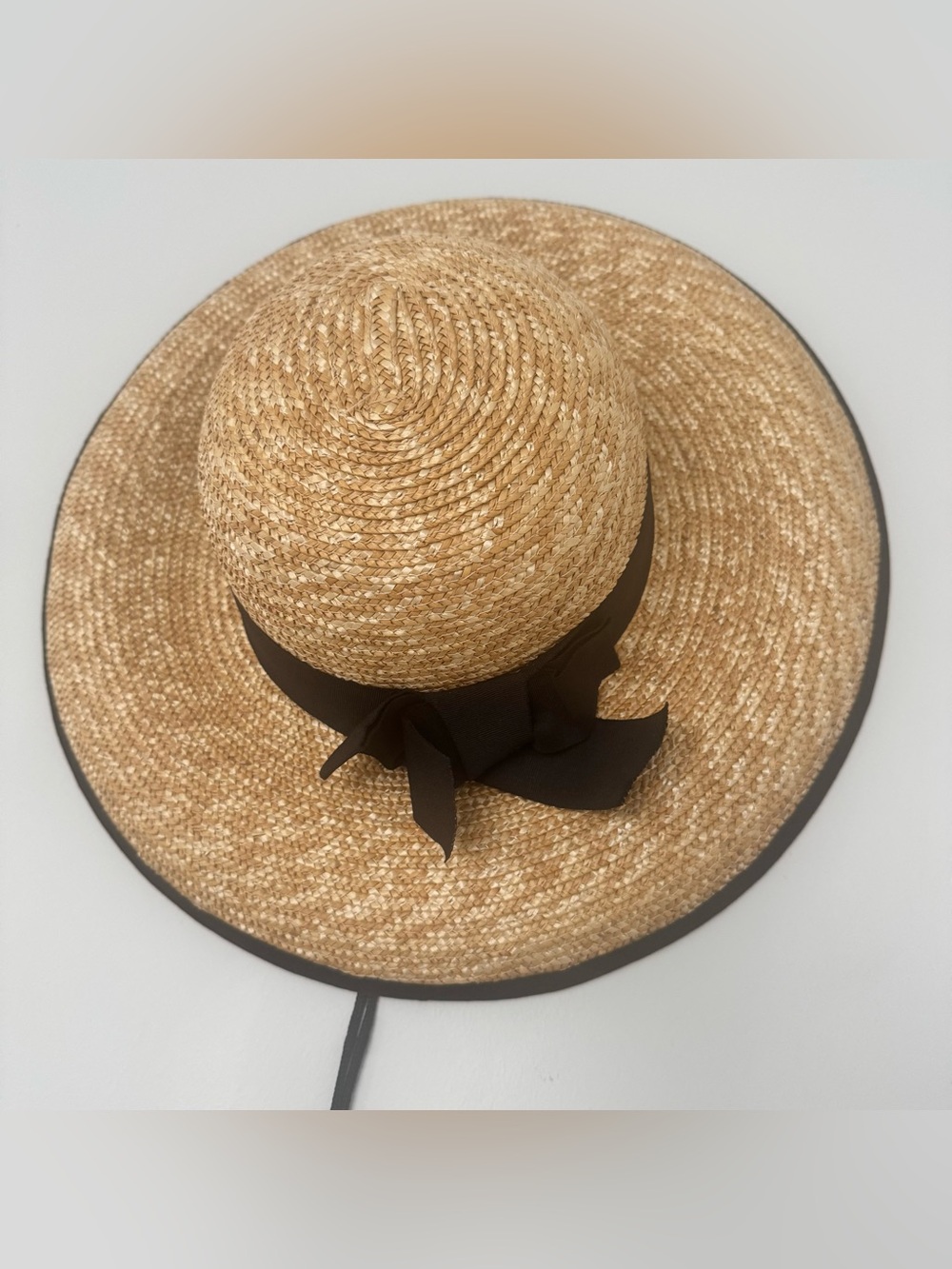 Vtg Vivian Wide Brim Straw Sun Hat Black Ribbon Bow Boater Beach Wedding Coastal